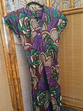 Purple & Green Printed Cap-Sleeve Women’s Dress